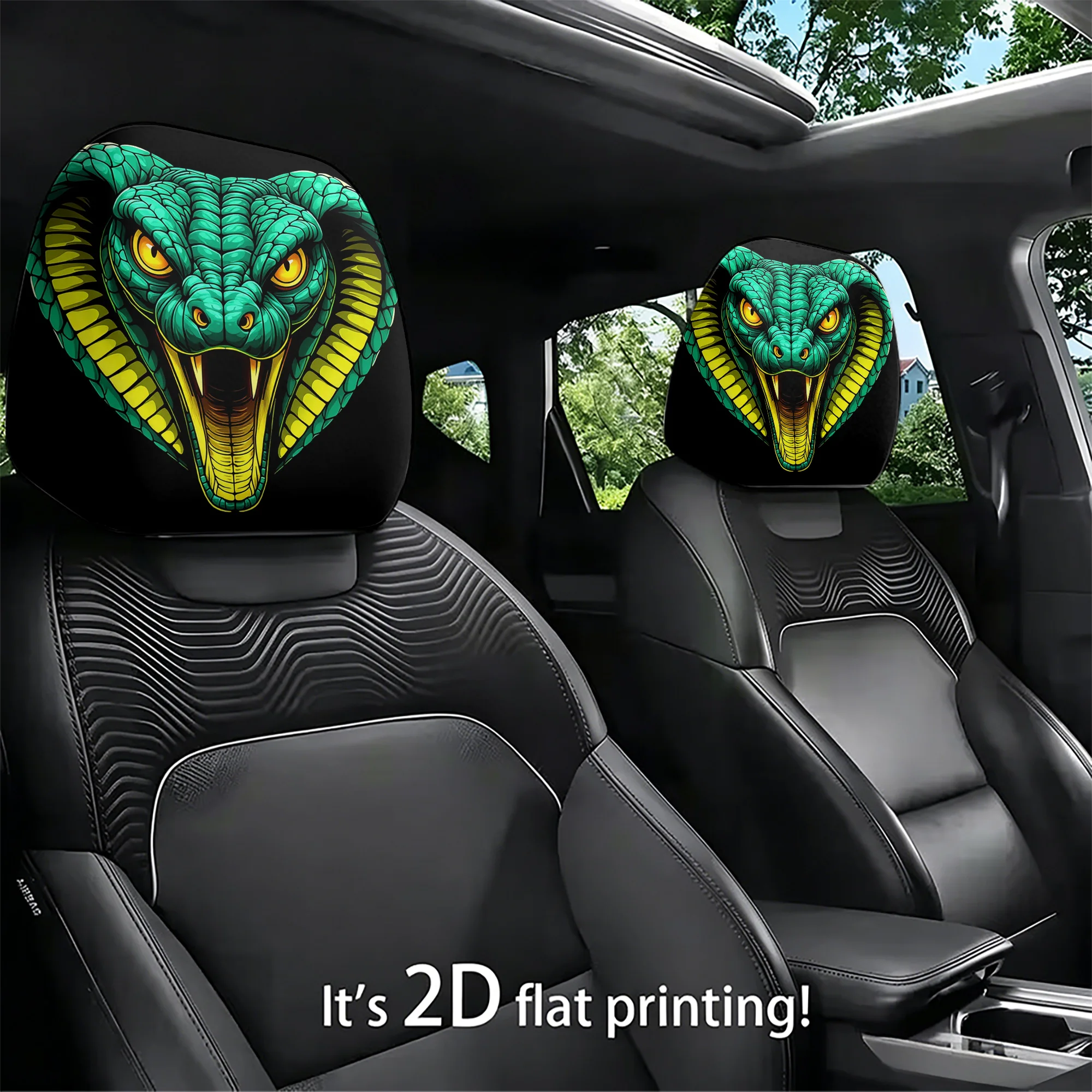 2pcs Snake-Print Car Headrest Covers to add a touch of wildness to your car’s interior. Not filled. Easy to install.