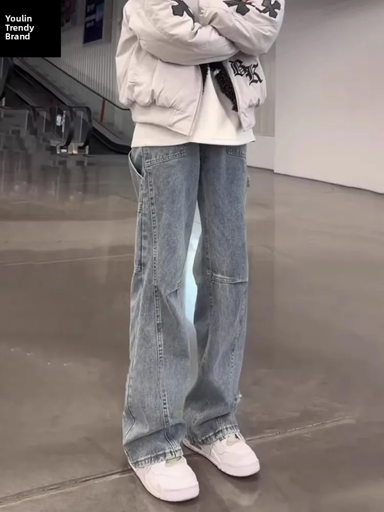 

Blue American Sle Knife Cut Jeans Men's Spring Autumn High Street Slimming Pants Belt Design Micro Flared Workwear Trousers