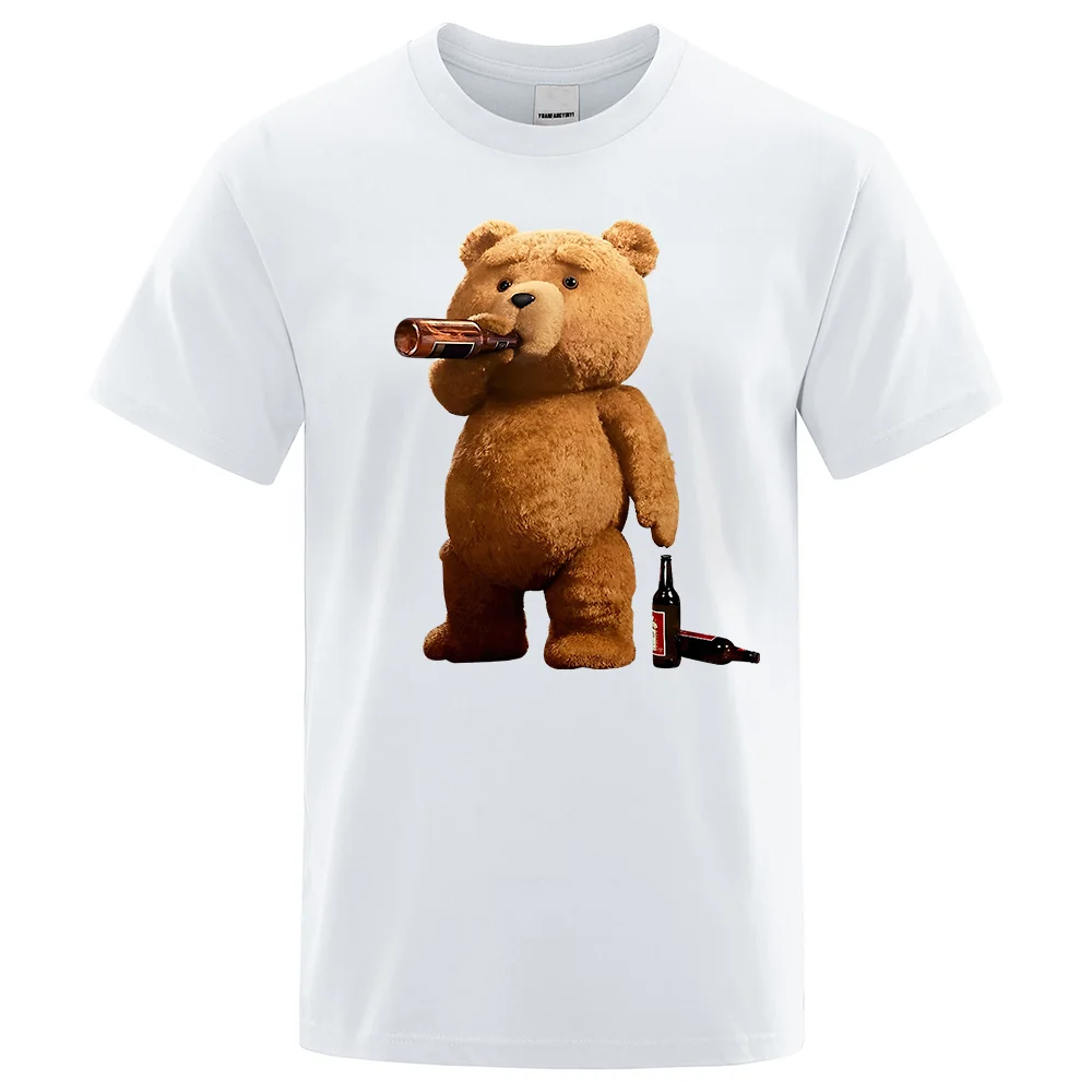 Lovely Ted Bear Drink Beer Poster Printing Men Tops Fashion Tee 2026 Summer Brand T-Shirt Oversized Loose Cotton Men's Tshirt