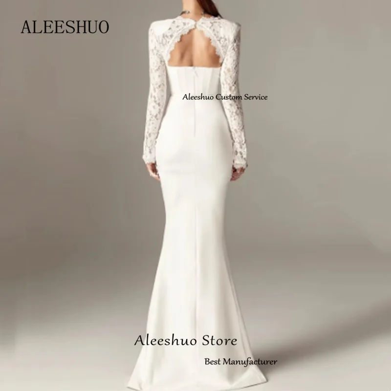 Aleeshuo Muslim Mermaid Satin Evening Dresses Lace Long Sleeves Prom Dress Pleat Straples Sexy Backless Side Slit Customized