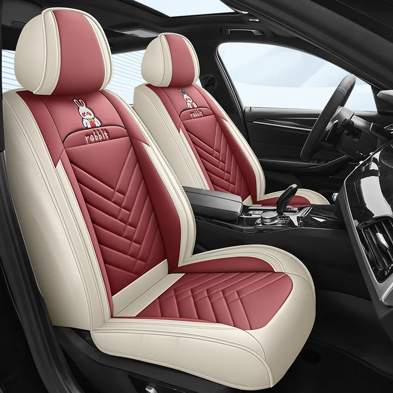 

2Pcs Front Seat Covers, Premium Nappa Leather with Bunny Embroidery, All-Season Durable Easy-Care, Fits Most Cars