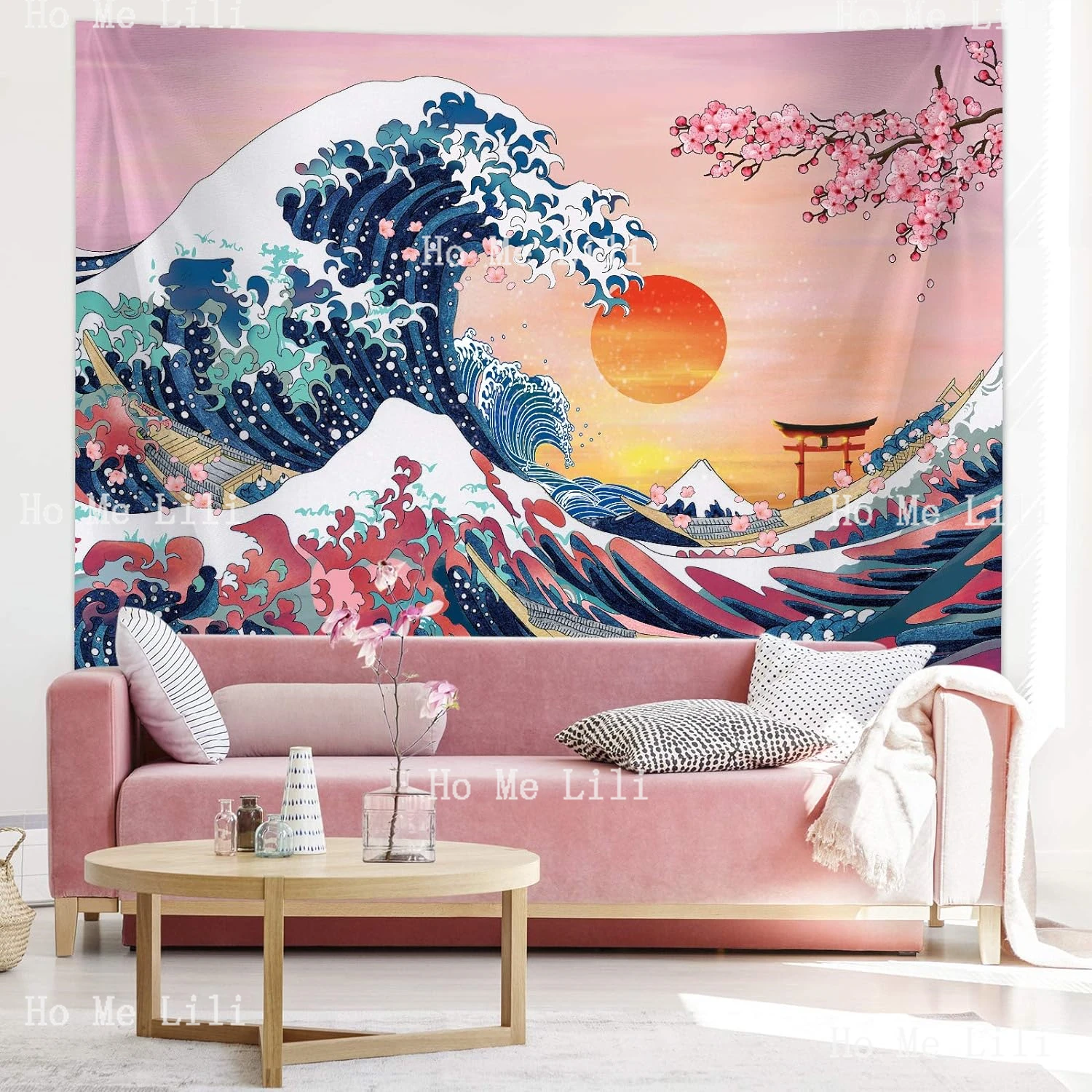 Japanese Ocean Wave Wall Tapestry Cherry Blossom Tree Backdrop Sunset Mountain Hanging Kanagawa Tapestry For Room Decorations