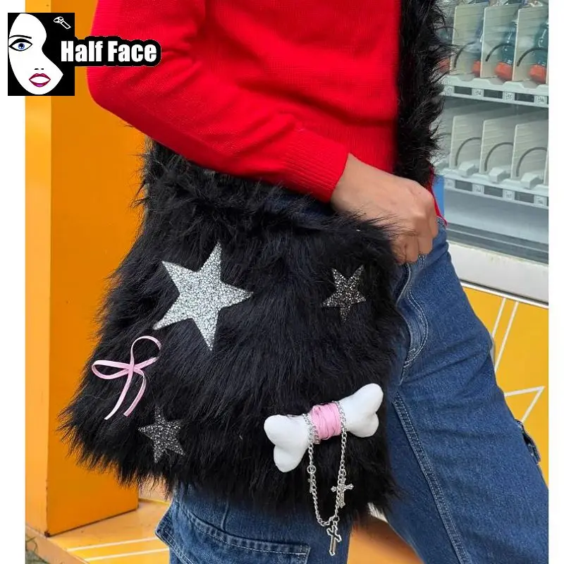 

Y2K Girls Harajuku Women's Gothic Punk Furry Star Plush Bone Pain Pack Large Capacity One Shoulder Lolita Crossbody Bags Tote