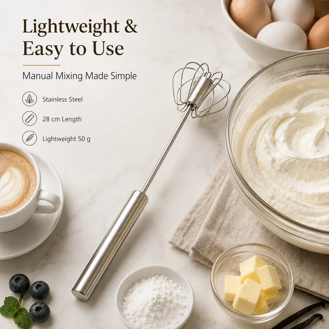Stainless Steel Egg Whisk, Manual Hand Mixer with Press-Type Self-Turning Egg Stirrer for Baking & Cooking