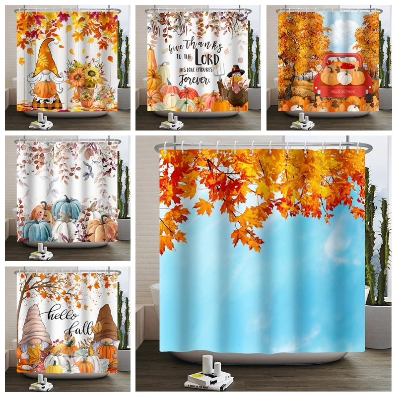 Fall Pumpkins Maple Leaf Shower Curtain Autumn Leaves Harvest Thanksgiving Farmhouse Waterproof Bathroom Curtain Sets