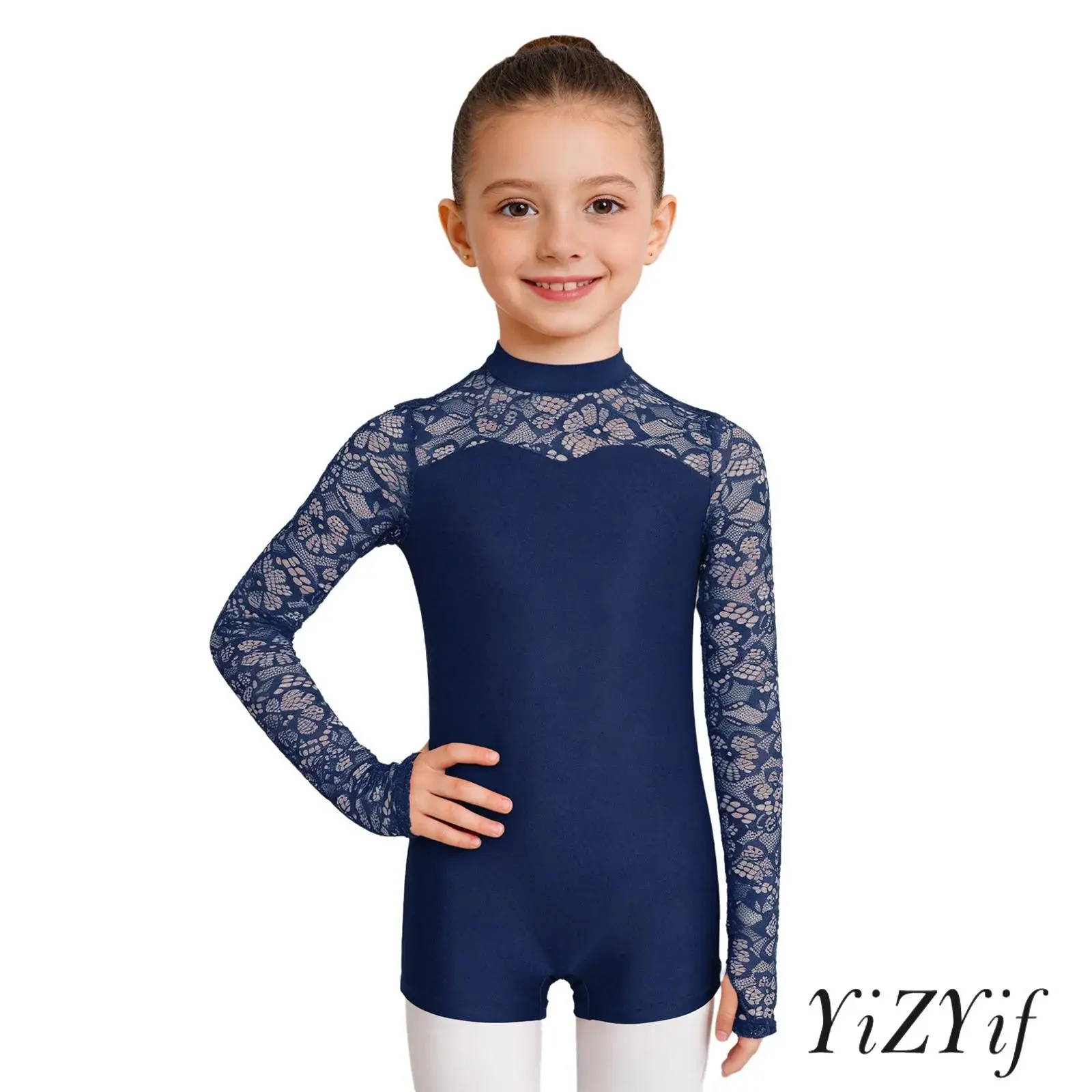 

Kids Girls Gymnastics Dance Jumpsuit Lace Patchwork Long Sleeves Keyhole Back Bodysuit for Stage Dance Performance Competition