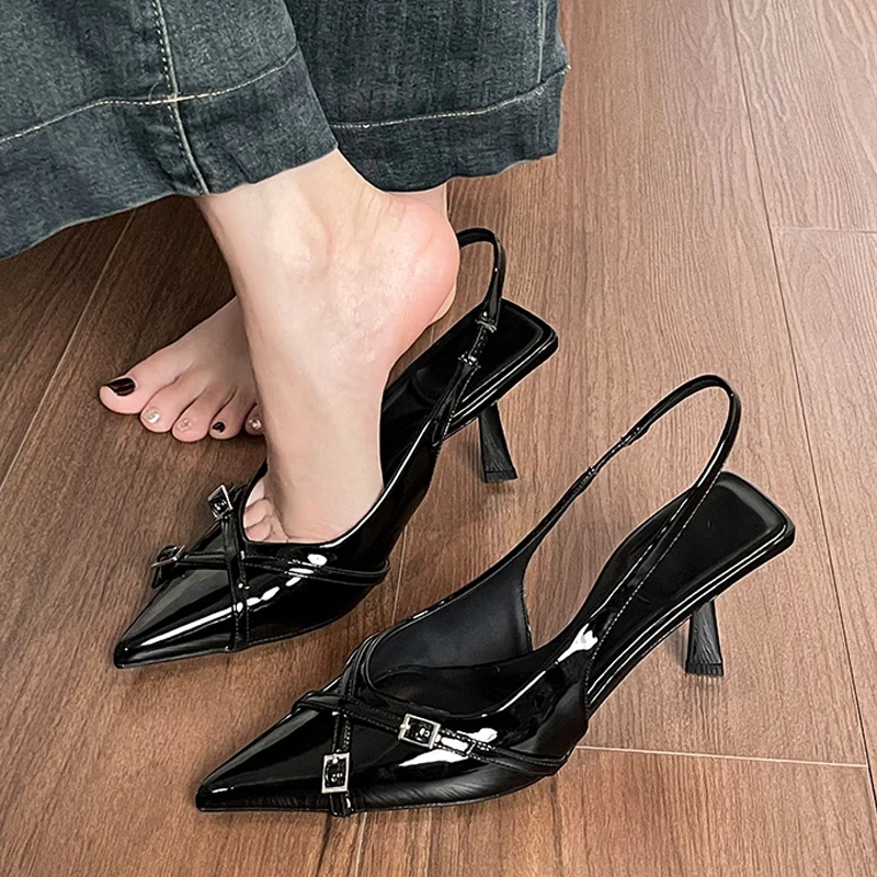 

Сексуальные женские модные элегантные сандалии на высоком каблуке 8 см с острым носком и ремешком на пятке, вечерние банкетные туфли-лодочки, женская дизайнерская обувь