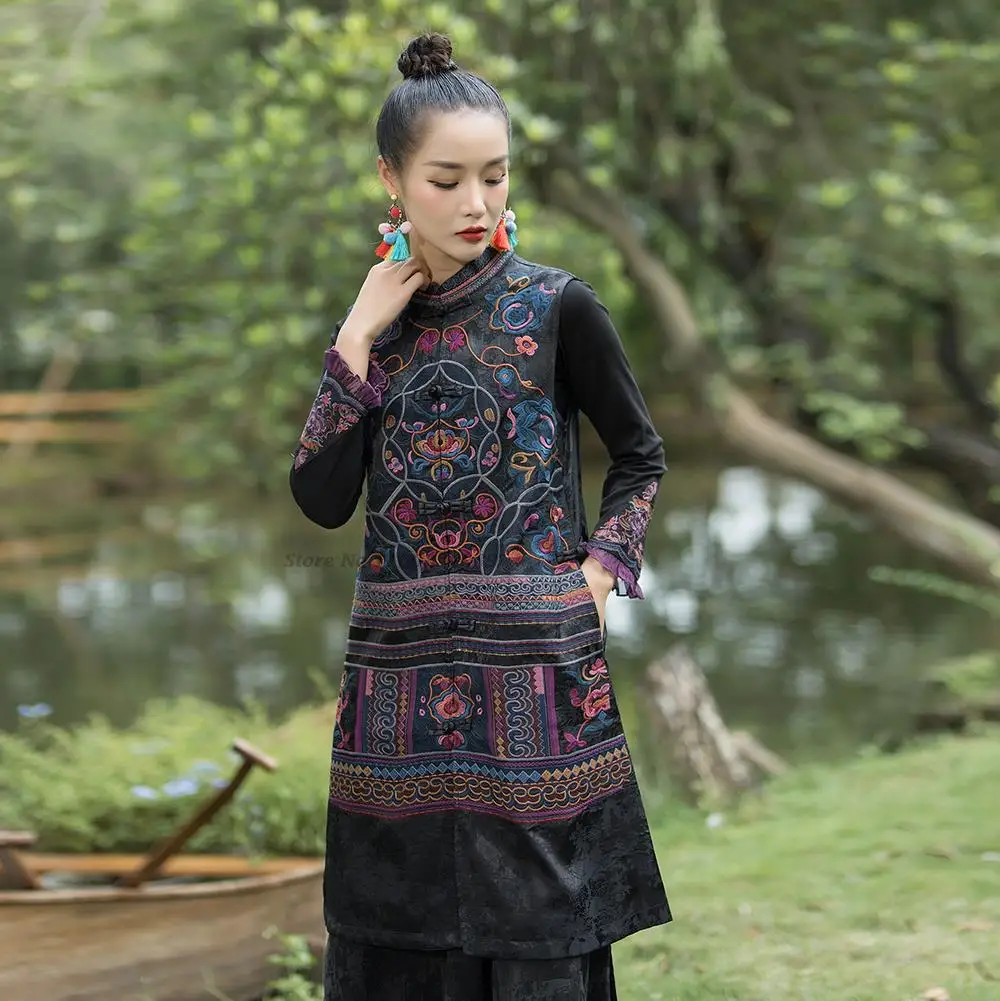 

2025 национальный жилет с цветочной вышивкой, народный жилет, винтажный жилет с воротником-стойкой, восточный жилет, традиционная китайская куртка без рукавов