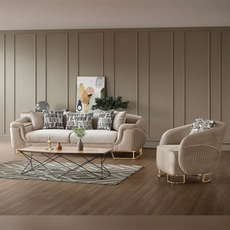 # Light Luxury Sofa Set Featuring Beige Velvet Upholstery Couches Throw Pillows and Gold Tone Metal Base for Living Room