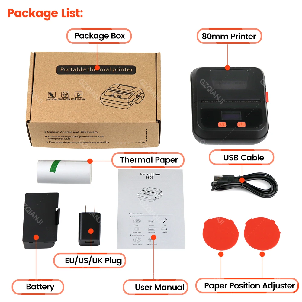 80mm Bluetooth Mini Thermal Receipt Label Printer USB 3\