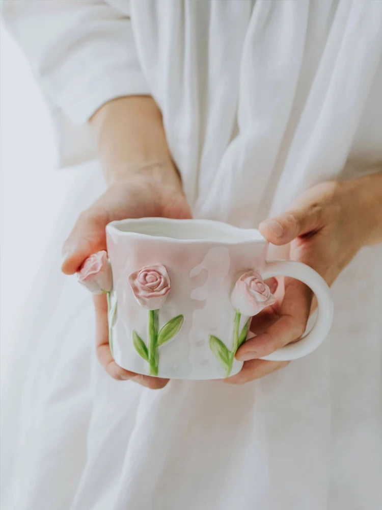 AhunderjIaz-Tulip Ceramic Mug, Handmade Floral Relief Design, Creative Rose Mug, Kitchen Drinkware Set, Home Decoration