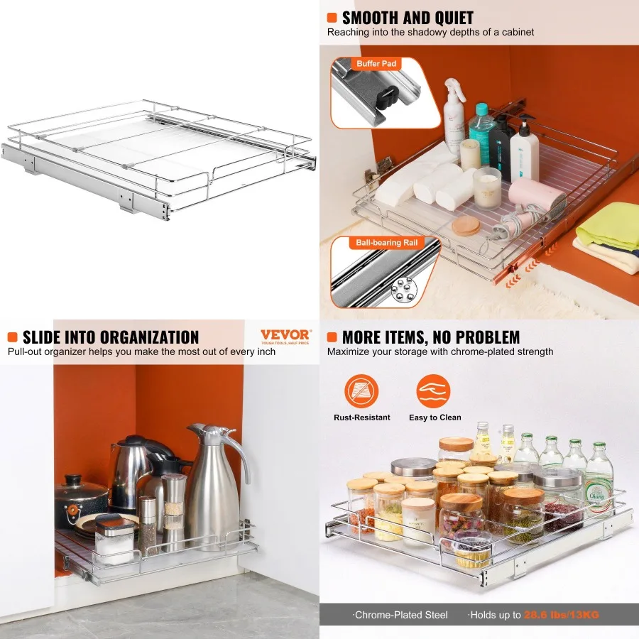 

VEVOR 14"W x 21"D Pull Out Cabinet Organizer Heavy Duty Slide Out Pantry Shees ChromePlated Steel Roll Out Drawers Sliding Draw