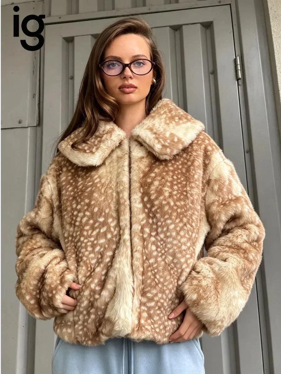 IG 2026 New Women Deer Spot Print Faux Fur Cropped Jacket Turn Down Collar Long Sleeve Camel Warm Winter Coat