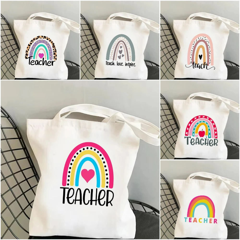 

Teacher Appreciation Rainbow Canvas Tote Bag Large Durable Commuter Tote for Educators Spacious Multicolor Book Bag for Work