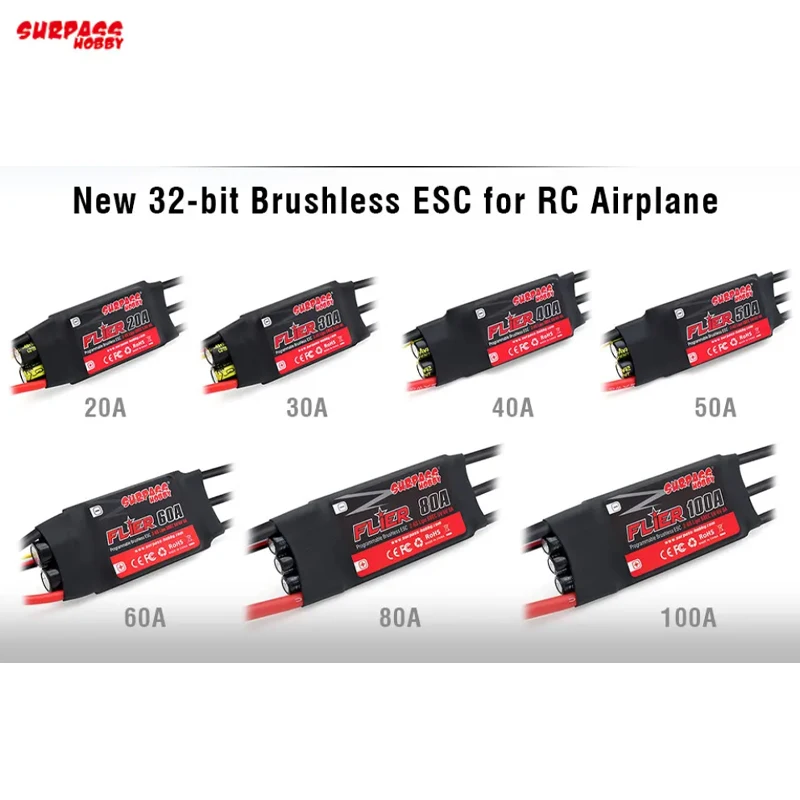 

SURPASS HOBBY Flier V2 20A 30A 40A 50A 60A 80A 100A Brushless ESC 32bit SpeedController with BEC 2-6S for RC Airplane Helicopter