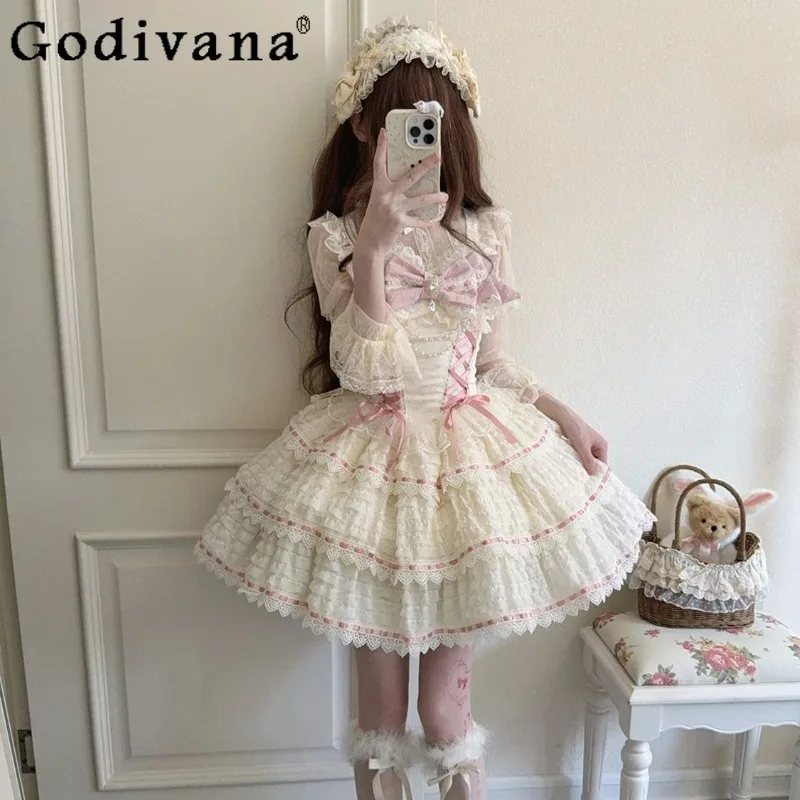 Senhora estilo japonês design original lolita vestido de cintura alta princesa doce jsk cinta vestido para mulheres gola arco vestido bonito