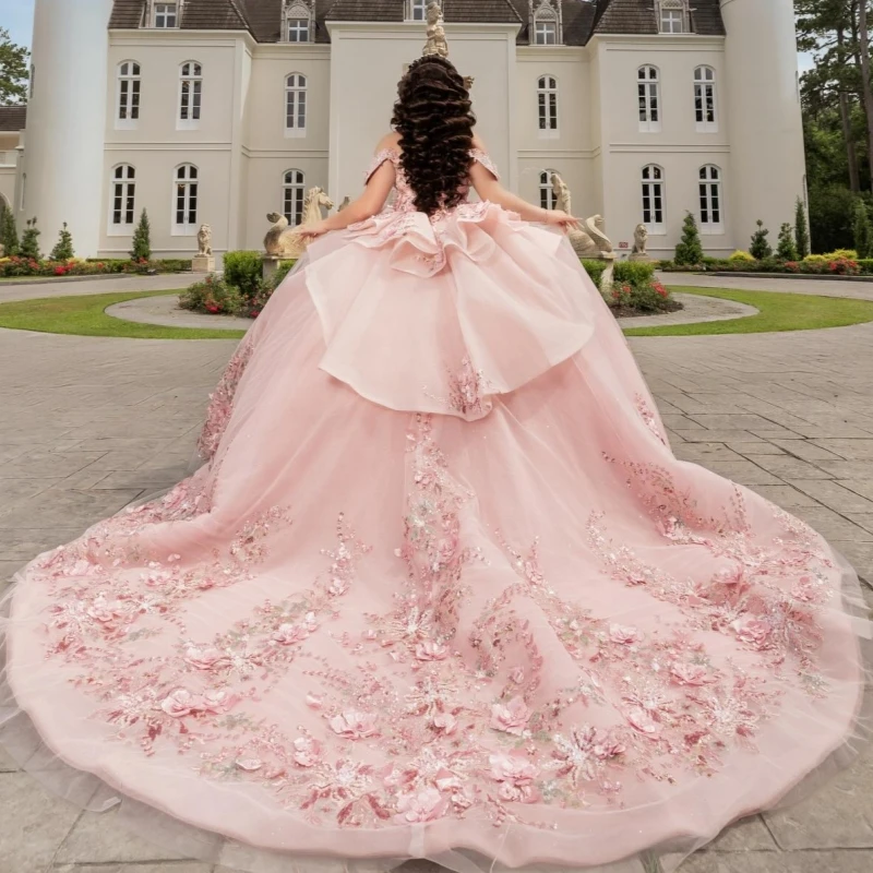 Pink Shiny Princess Spaghetti Strap Sweet 16 Dress Quinceanera Dresses Sequin Applique Flower Beads Tull Party Birthday Vestidos