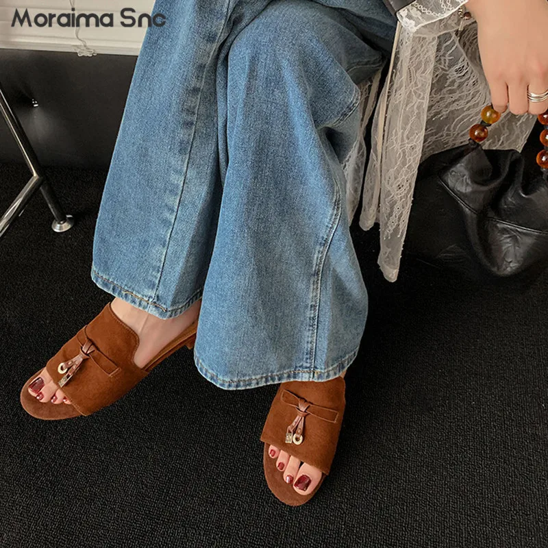 Suede Flat Wide Slippers Round Toe Flat Heel Slippers Solid Color Inside and Outside Full Leather Open Toe Women's Sandals