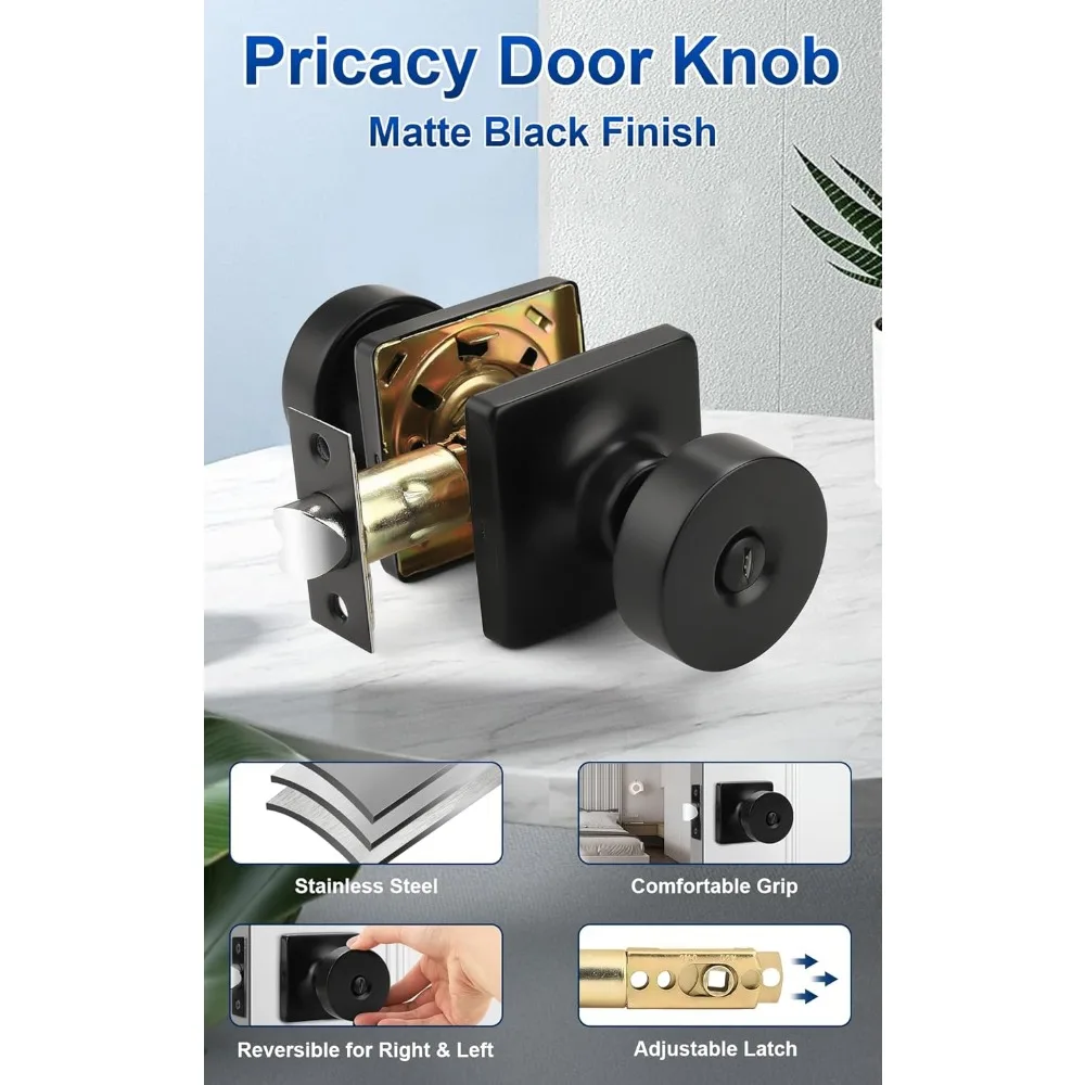 Nowoczesne klamki bezkluczykowe, zestaw 5 sztuk, wewnętrzne klamki z funkcją prywatności, kwadratowa podstawa, do sypialni i łazienki, wykończenie matowe.