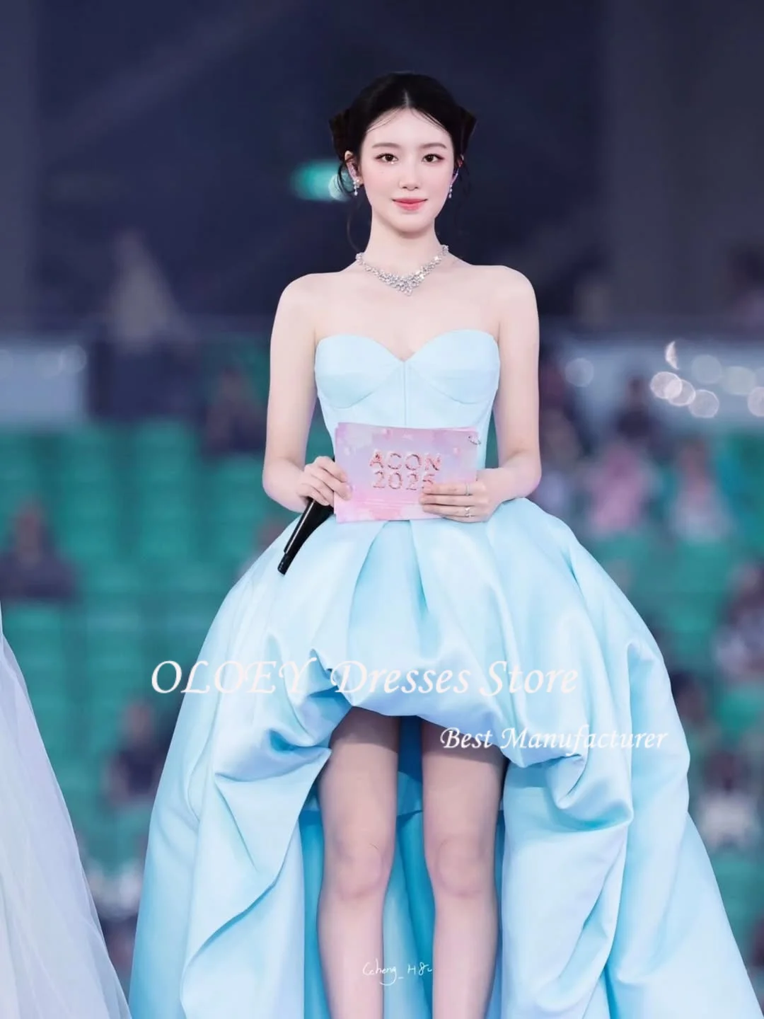 OLOEY Blu Sweetheart A-Line Corea Abiti da sera Morbido taffettà Abiti da ballo dolci Hi-Lo nne Anelli Personalizza Corsetti Indietro