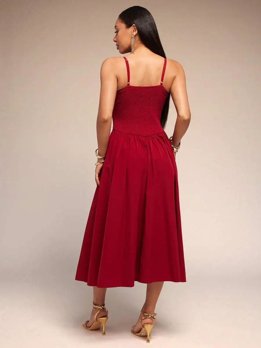 

Solid Woven Drop Waist Sweetheart Neck Midi Dress For Women Wedding Guest Tea Party