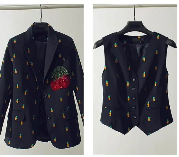 

Cherry sequin embroideren small suit women notched pineapple printed blazer blaser femimino alfaiataria