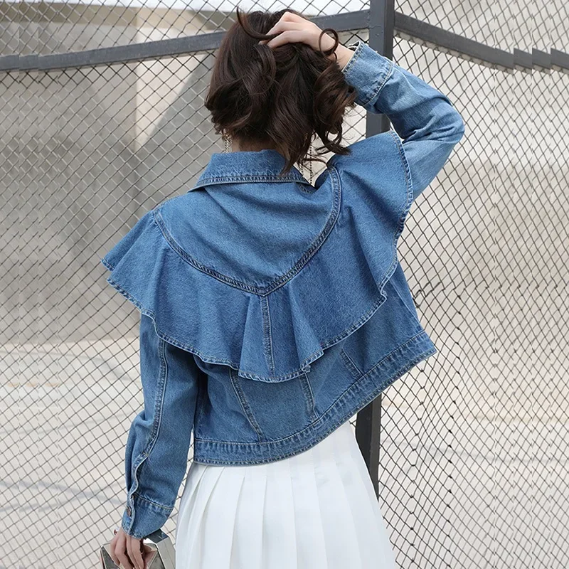 

Korean Fashion Ruffle Patchwork Blue Short Denim Jacket Women Spring Autumn Casual Lapel Single-Breasted Long Sleeve Cowboy Coat