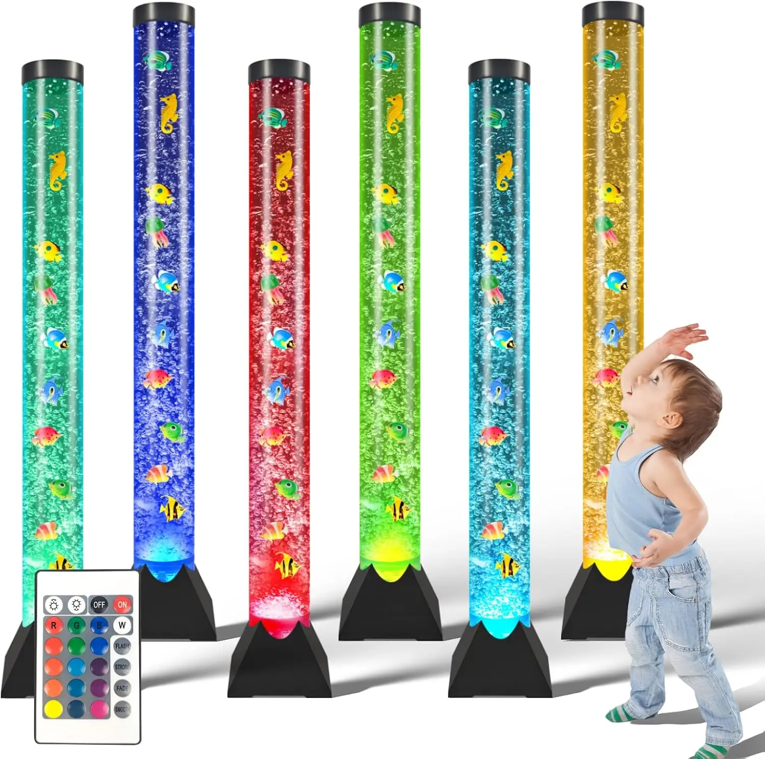 Large 4ft Sensory LED Water Bubble Tube Lamp (Aquarium Sensory Fish Tube Floor Light) with 16 Color Changing Night Light