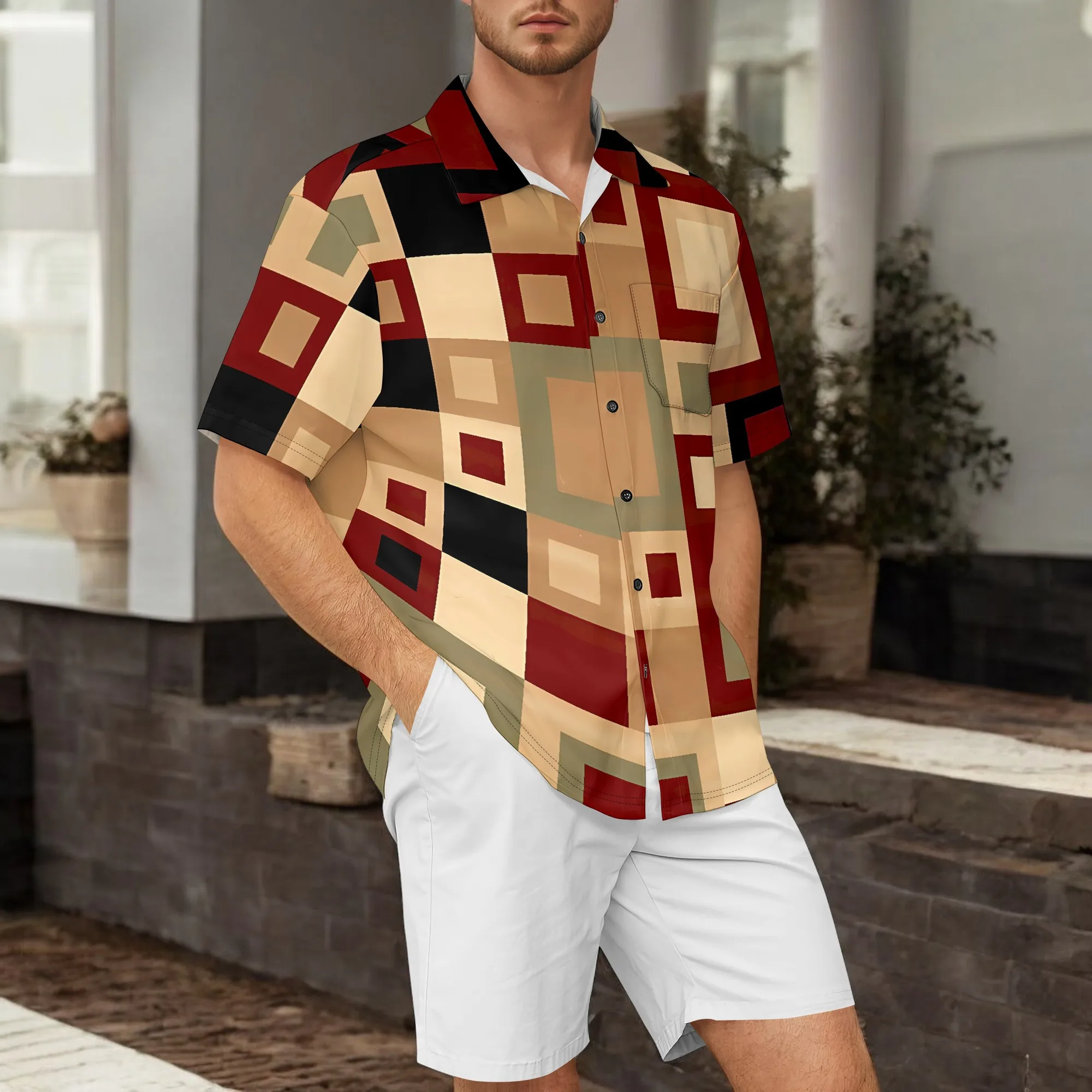 YEAE Colorful Pixel Checkerboard Print Shirt for Men Summer Casual Short Sleeve Top