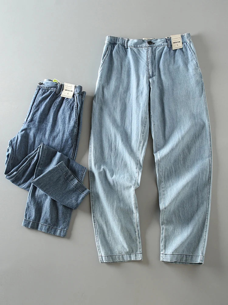 

Spring Summer New Retro Japanese Style Cotton Linen Washed Comfortable Breathable Men's Loose Straight Casual Jeans Long Pant...