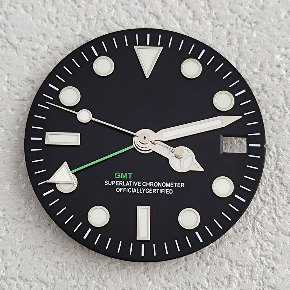 Mostrador GMT de 29 mm, mostrador luminoso verde de quatro ponteiros adequado para movimento NH34, mostrador melhorado, substituição de peças de relógio