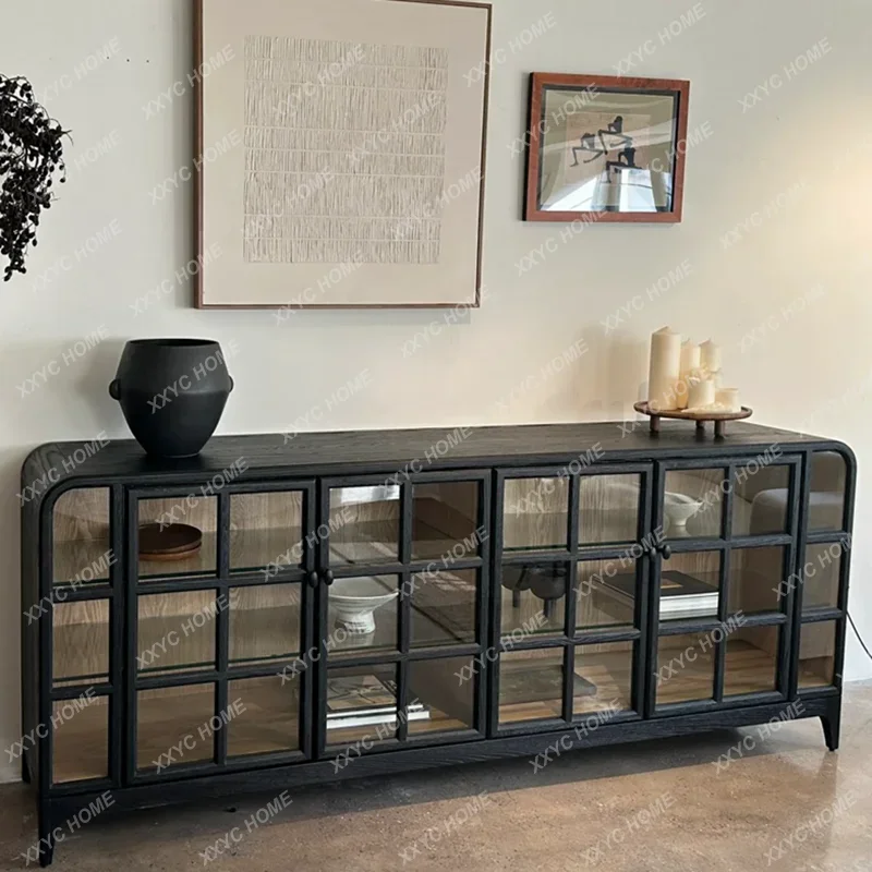 

Display, display cabinet retro solid wood dining edge, French wine cabinet glass door multi-functional storage, Nordic