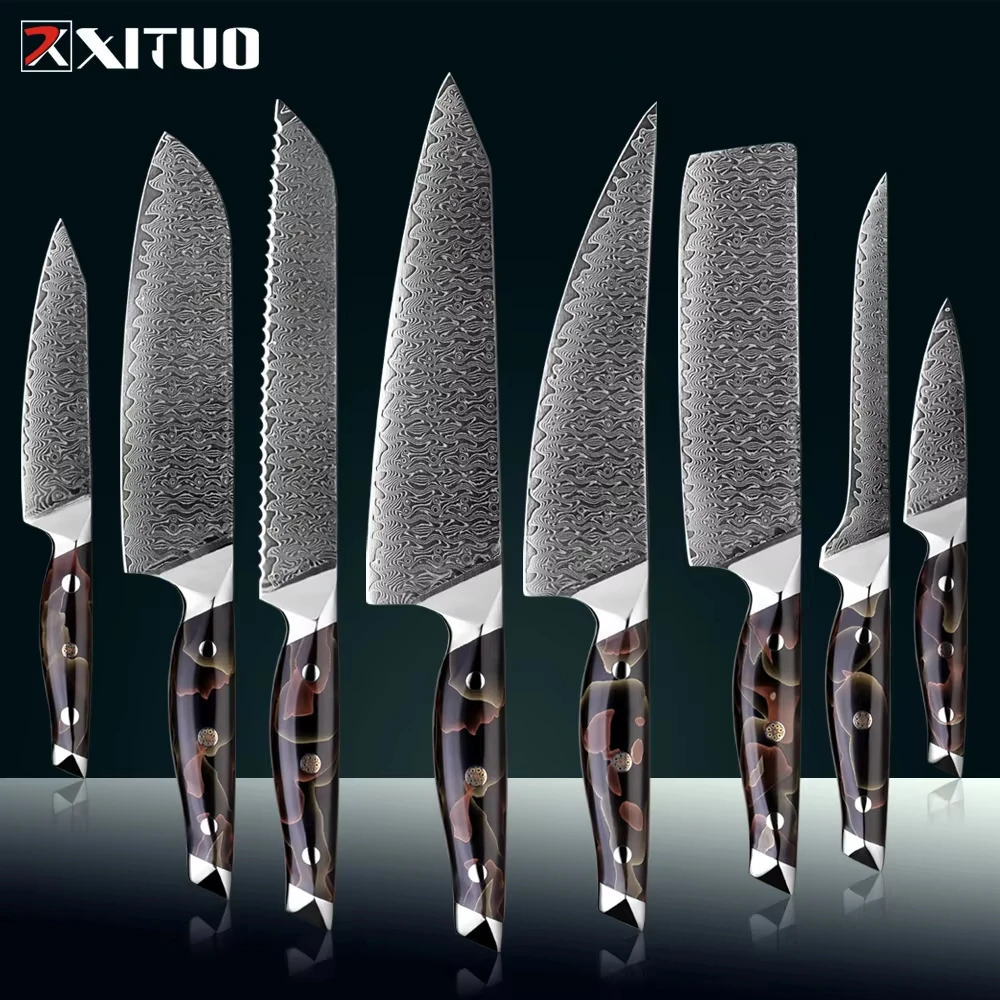 

Luxury Japanese Damascus Steel Kitchen Knife Set Sharp VG-10 Steel Core Chef's Slicer Boning Utility Knives Home Cooking Tools