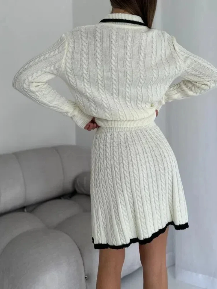 Women\'s Two Pieces Set 2024 New Autumn Casual Long Sleeve Turn-down Collar Knitted Button Sweater & High Waist Mini Skirt Set