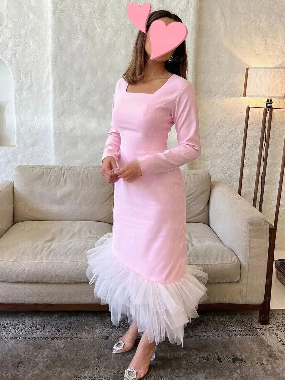 Sweet Arabic Aso Ebi Evening Dresses Baby Pink Long Sleeves Square Neck Women Formal Wedding Guest Prom Gowns Vestido De Noche