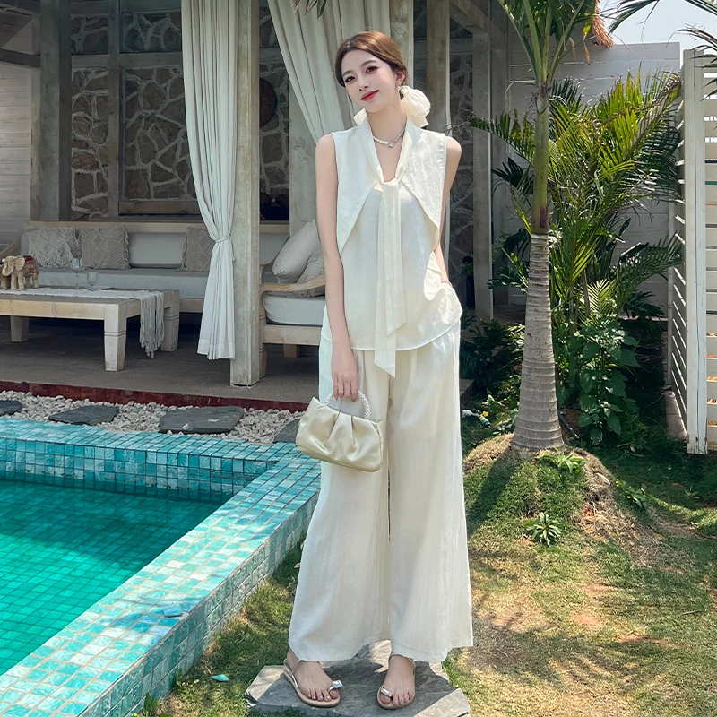 

2025 new ele black two-piece sveless vest and wide leg pants, suitable for women's casual summer suit