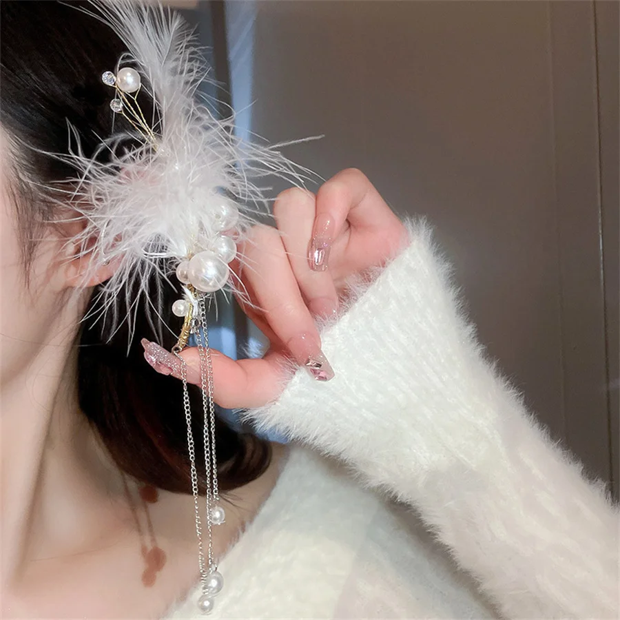 White Feather Pearl Tassel Earrings Female Non-pierced Earrings Ear Bone Clips Ear Clips Trendy Elf Earrings Aesthetic Earrings