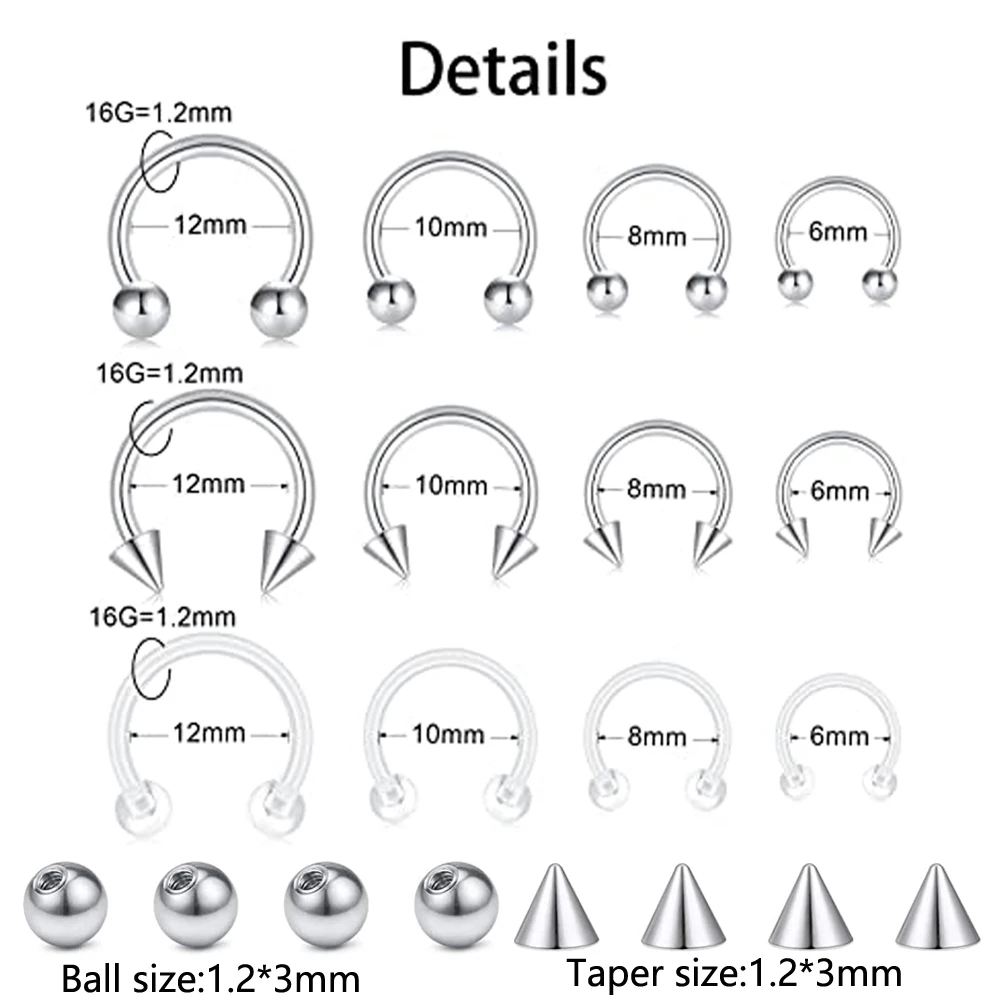 WKOUD 1-32PCS Stainless steel Spherical Conical Nose Ring Puncture Needle Kit Ball Horseshoe Cartilage Spiral Puncture Tool 16G