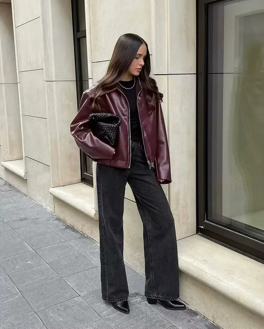 

HH Women Fashion Burgundy Faux Leather Jackets Casual Lapel Long Sleeves Coat Zipper Autumn Female High Street Outerwear