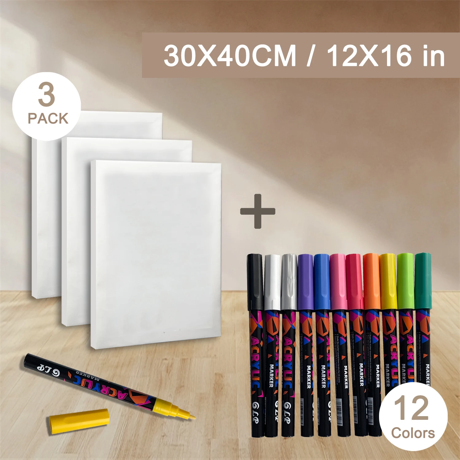 

3 pcs 12*16inchDrawing Painting canvas with Wooden frame+12pcs Colored markers for Art school students and Home DIY