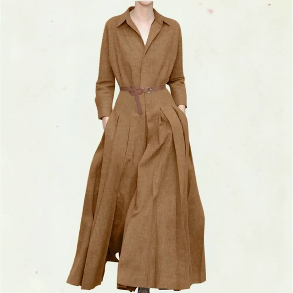 Fashion Women Long Dress Long Sleeve Polo Collar Loose Fit Solid Color Casual Comfortable Streetwear Spring Summer Outfits