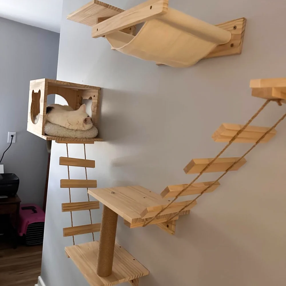 

Cat Wall Pet Wooden Furniture Climbing Shelves Cat Hammock with Ladder or Jumping Platform for Kittens Indoor Playing and Perch