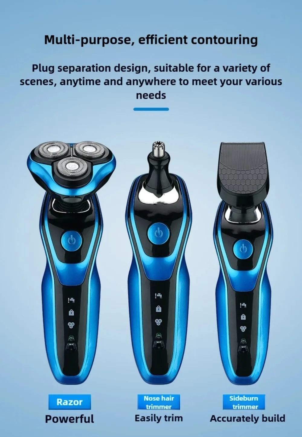Portable 3 in 1 Electric Shaver Three Heads Rechargeable Men's Shaver Waterproof High Speed Sideburn Trimmer