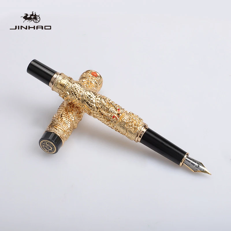 Jinhao Golden Classic Fountain Pen Golden Tower Cap Small Double Dragon Playing Pearl Metal Carving Embossing Heavy Pen
