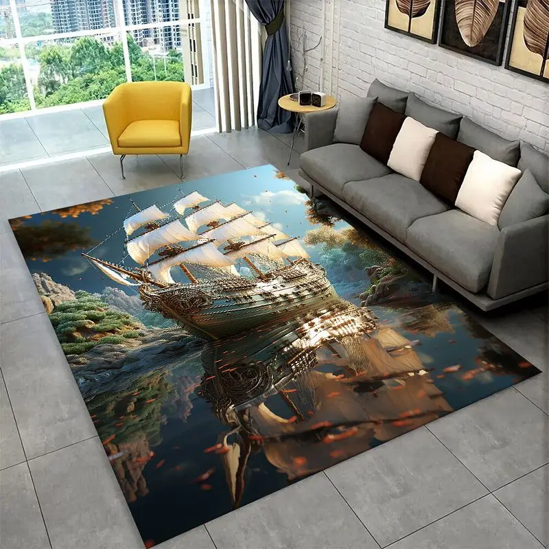 Storm Pirate Ship Boat Barque Large Area Rug Non-slip Durable Carpet for Bedroom Living Room Sofa Doormat Home Decor Floor Mat