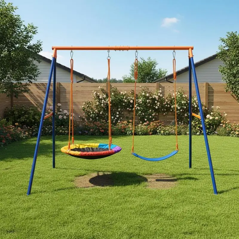 

Outdoor Play Structure 178x183x180cm For Backyard Garden Playground, 440lbs Load Capacity Heavy Duty A-Frame Metal Stand One Saucer Swing Seat One Belt Swing Seat Adjustable Rope Kids Activities