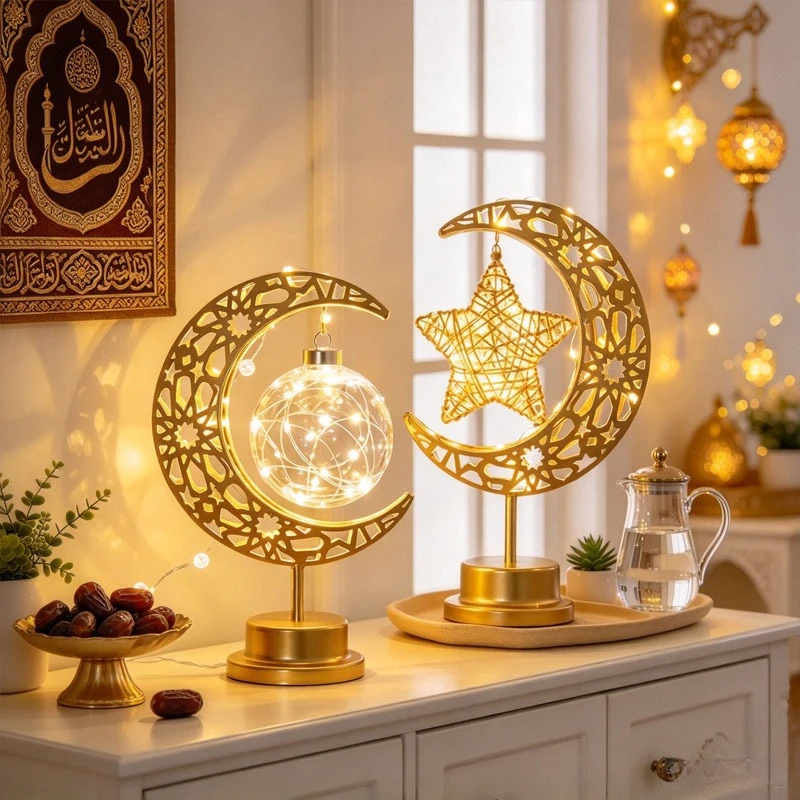 Eid Mubarak Gift LED Moon Lamp Islamic Home Decor Metal Ramadan Kareem Night Light Ornament for Muslim Holiday Tabletop Warm