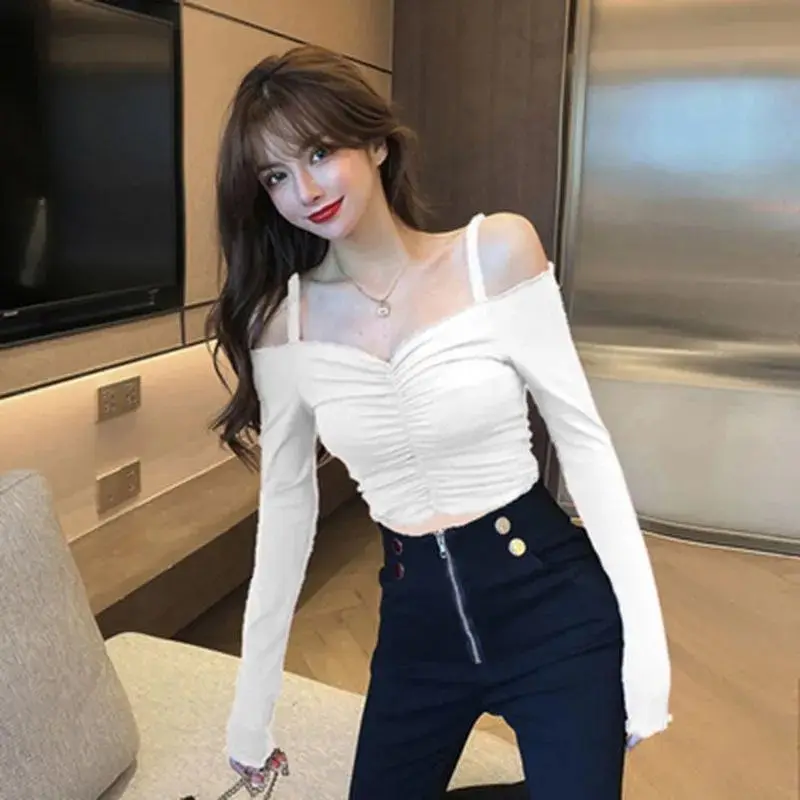 Slim Appear Thin Long Sleeved T-shirt Women 2024 Spring Pure Desire All-match Solid Color One Line Collar Sling Comfortable Tops