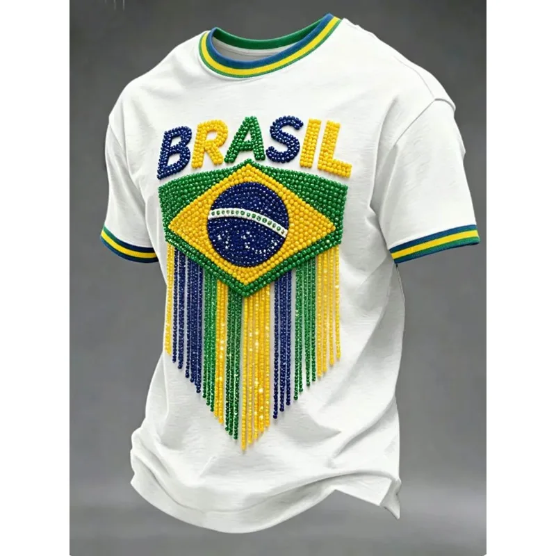 2026 Brazil Soccer Fan Tee, 3D Print Shiny Rhinestone Brazil Flag Graphic With Tassel Fringe