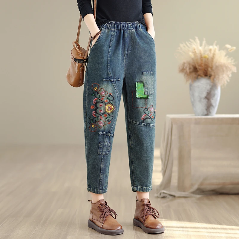 Retro patchwork geborduurde denim broek dames losse elastische taille negendelige harembroek lange katoenen broek herfst Faion